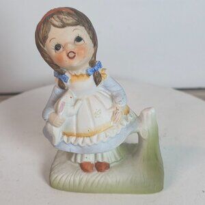 Vintage Ceramic Girl Figurine With Rabbit Pastel Colors 6 Inches